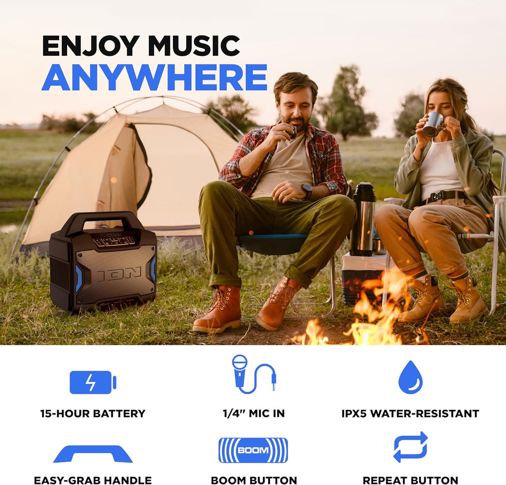 ION Tailgater Boom - Outdoor Portable Bluetooth Speaker with Mic in, FM Radio, USB Port, Battery, IPX5 Water-Resistant, Wireless Stereo-Link, App, 60W