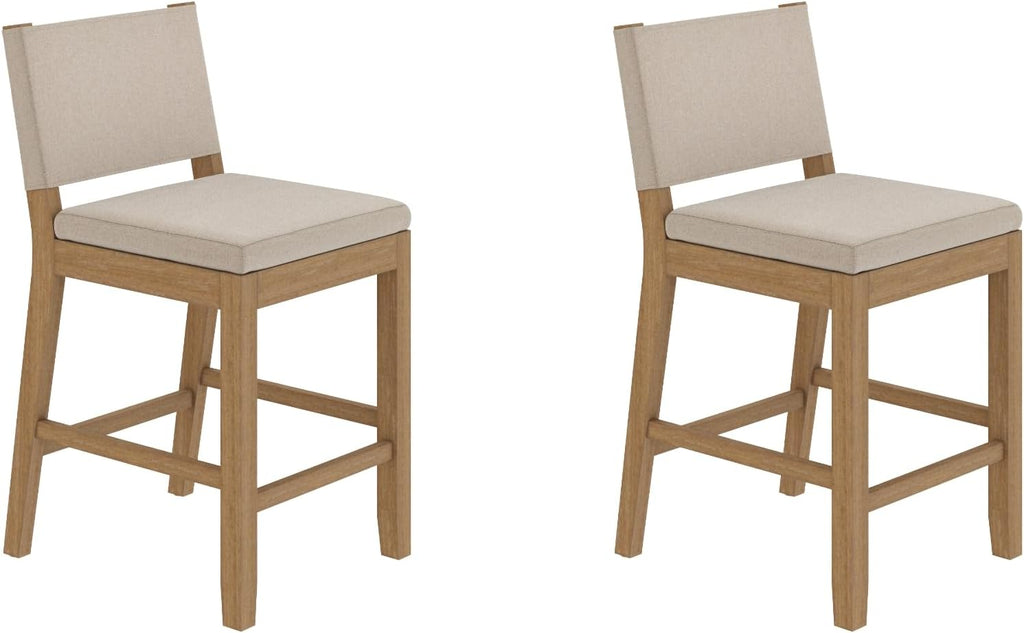 Nathan James Linus Modern Upholstered Counter Height Bar Stool with Back and Solid Rubberwood Legs in a Wire-Brushed Light Brown Finish, Natural Flax/Brown, Set of 2