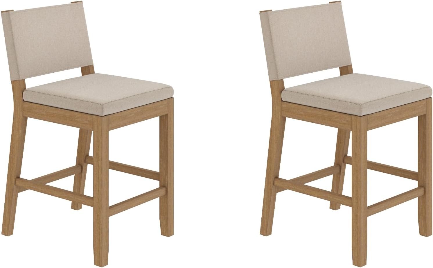 Nathan James Linus Modern Upholstered Counter Height Bar Stool with Back and Solid Rubberwood Legs in a Wire-Brushed Light Brown Finish, Natural Flax/Brown, Set of 2