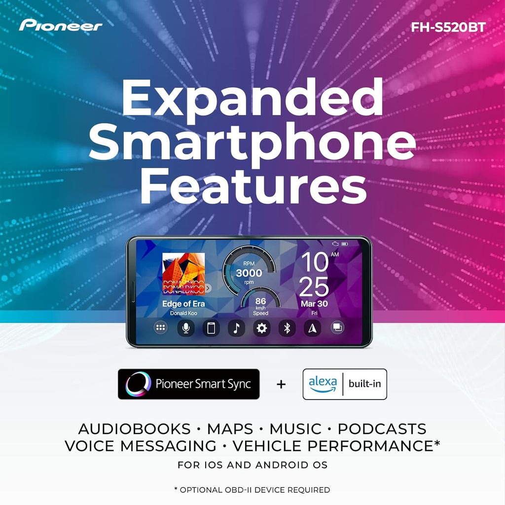 Pioneer FH-S520BT Double Din CD Receiver – Bluetooth, USB/AUX, FLAC, AM/FM Radio, 13-Band EQ, 50W x 4, Voice Control, Front, Rear/SW Selectable RCA Preouts