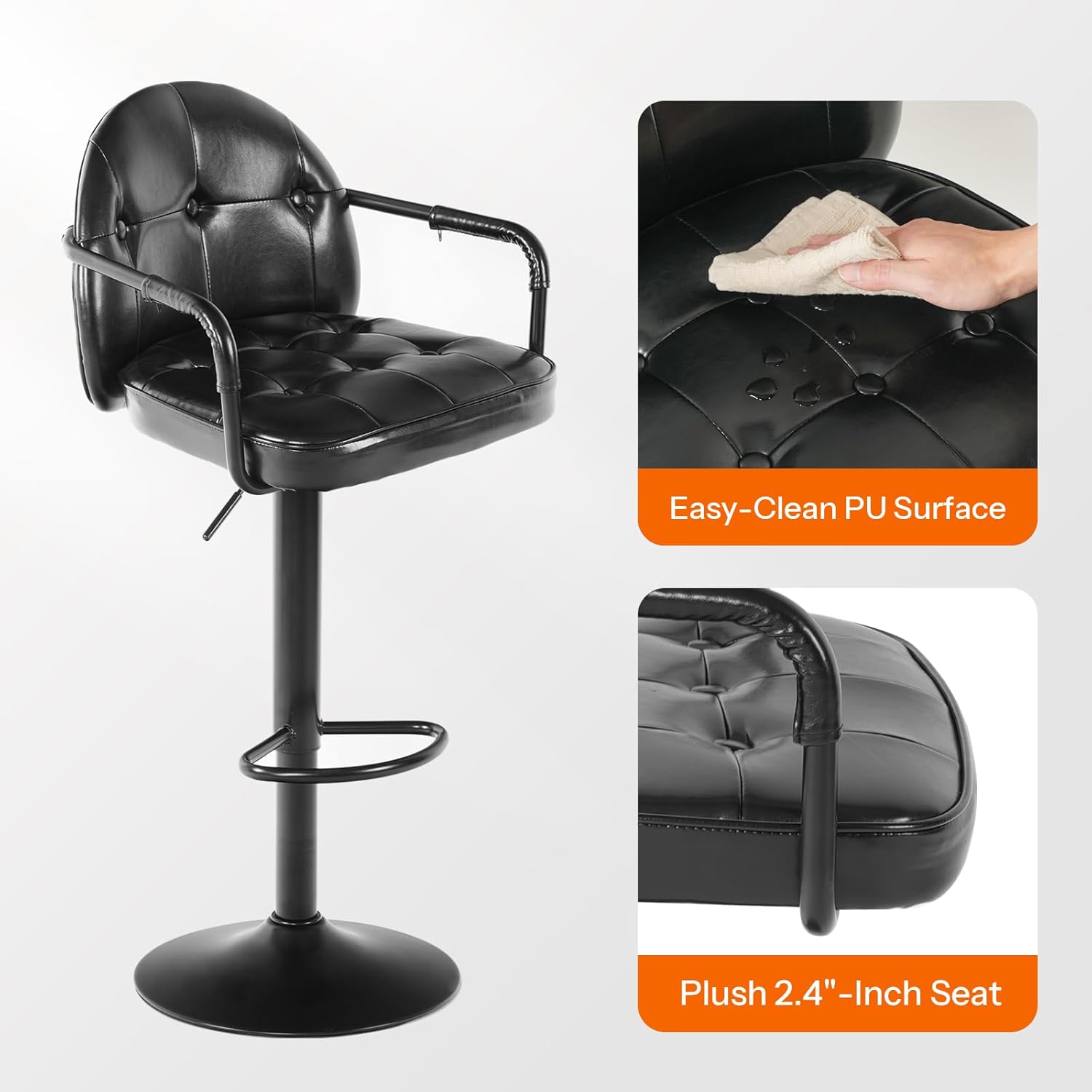 HOOBRO Adjustable Bar Stools, Swivel Bar Stools with Arms and Footrest, PU Upholstered Counter Height Stools, Bar Chairs with Metal Base, for Kitchen, Bar, Living Room, Black BB85BYP201
