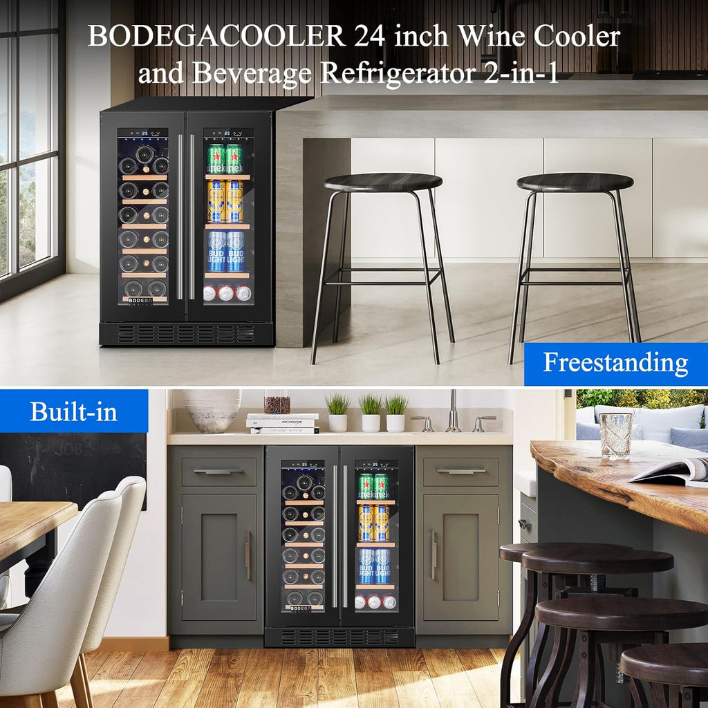 BODEGACOOLER 24 Inch Wine and Beverage Refrigerator Free Standing. Dual Zone Stainless Steel Wine Fridge under Counter, Drink Cooler for Beer, Soda, Champagne, Holds 41 Cans and 17 Bottles, Black