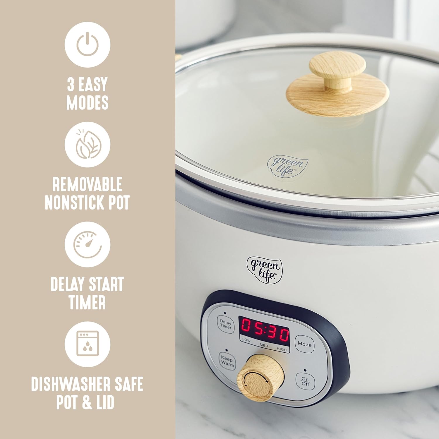 GreenLife 8QT Slow Cooker, Non-Toxic PFAS-Free Ceramic Nonstick Removable Interior Bowl, Programmable, Family Friendly, Keep Warm, Stovetop & Oven Safe, Dishwasher Safe Crock, Timer, Glass Lid, Cream