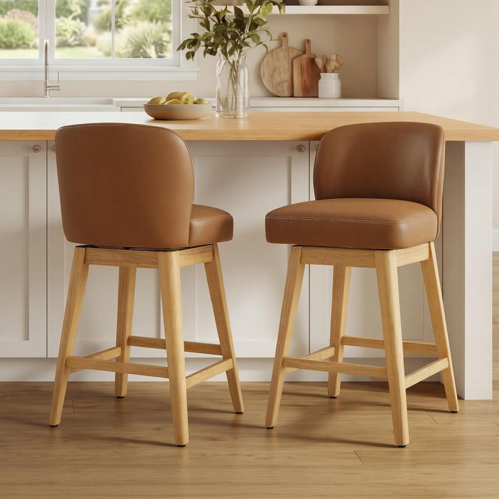 CHITA 26.8" Swivel Counter Height Bar Stools, Modern Upholstered Counter Stools with Back and Wood Legs for Kitchen Island, Home Bar, Set of 2, Saddle Brown Faux Leather