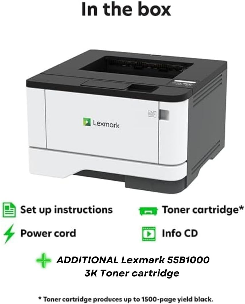 Lexmark MS331dn Black and White Laser Printer, with Ethernet & Automatic Two-Sided Printing, Office Printer (3-Series)(29S0000) Bundle with55B1000 Black 3K Yield Toner Cartridge