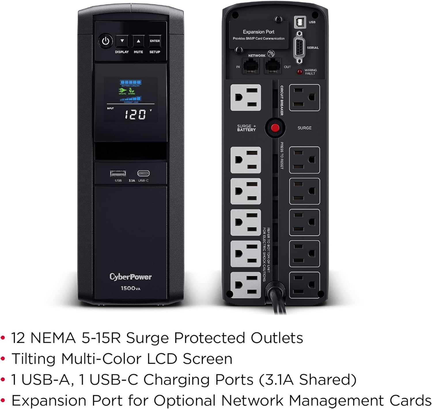 CyberPower CP1500PFCLCD PFC Sinewave UPS Battery Backup and Surge Protector, 1500VA/1000W, 12 Outlets, AVR, Mini Tower, UL Certified