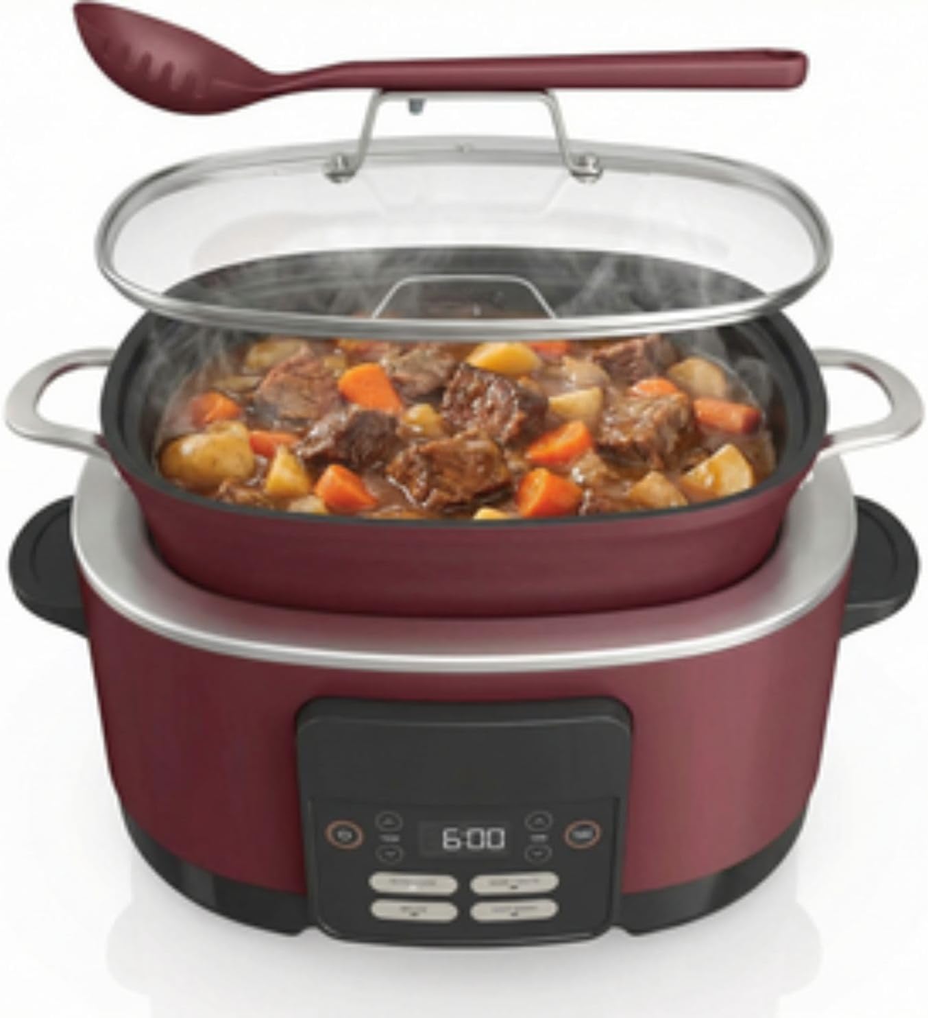 Foodi Possible Cooker, 8.5 Quart, 6-in-1 Multi-Cooker, Slow Cooker, Steamer, Glass Lid Integrated Cooking Utensil, Nonstick, Oven Safe Pot to 500°F, MC1000WM (Cherry Tarte)