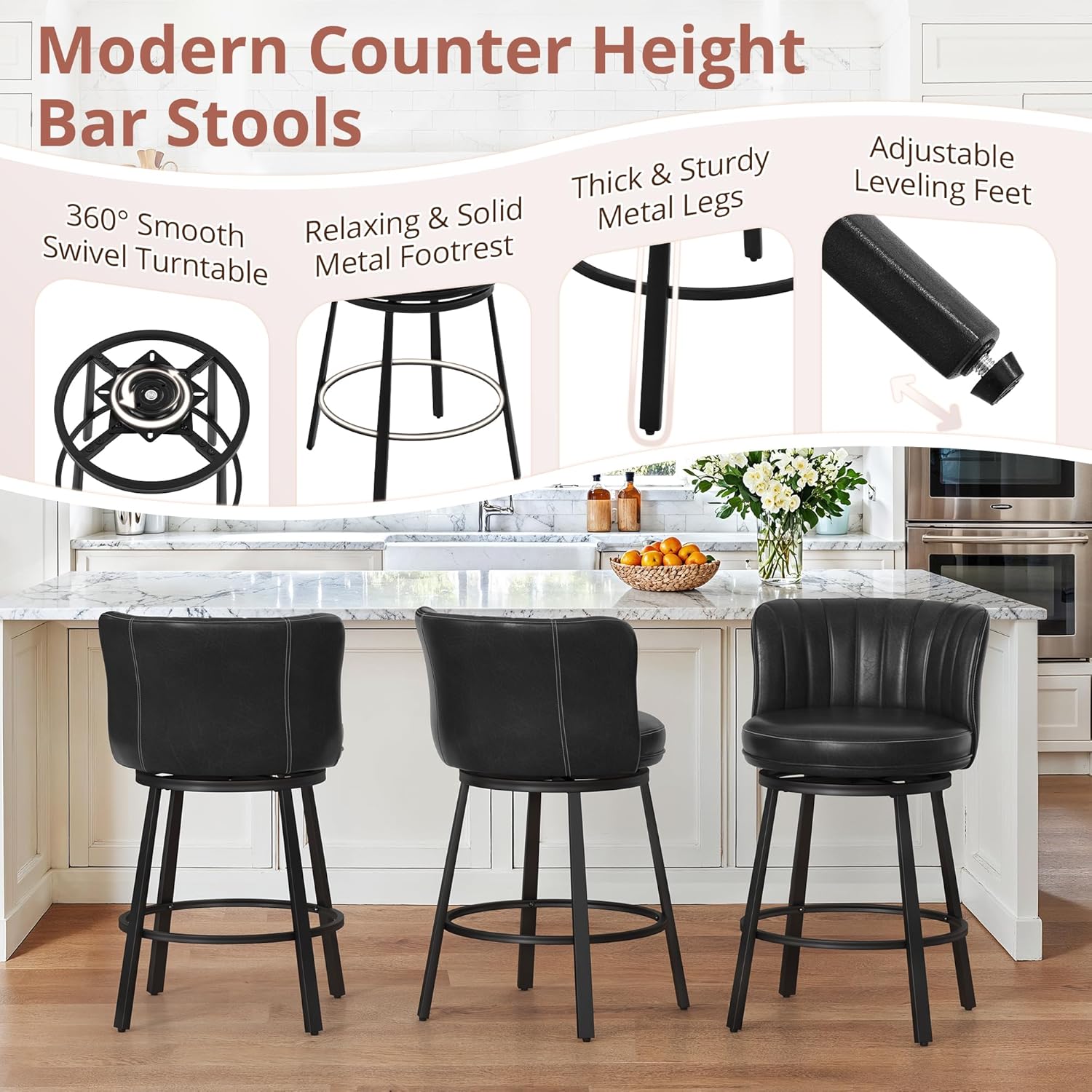 LUE BONA 360° Swivel Leather Bar Stools Set of 3, 26" Counter Height Barstools with Backs and Metal Legs, Rustic Upholstered Bar Chairs for Kitchen Island, Black