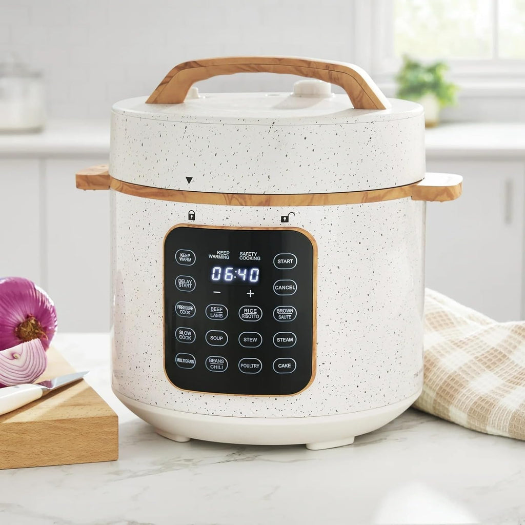 Electric Pressure Cooker, 7-in-1 Programmable Multicooker, 6 Quart Stainless Steel Slow Cooker, Rice Maker, Steamer, Sauté, Linen Speckle