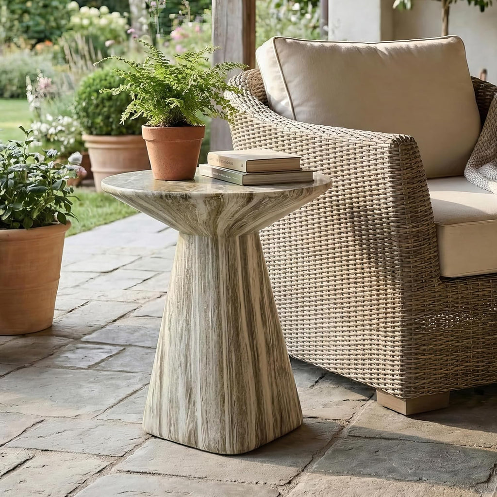 24/7 Shop at Home Ranera Modern 18-inch Natural Stone Side Table with Angular Pedestal Base, Marble Nightstand, Geometric Patio End Table, for Living Room, Covered Outdoor Spaces, Gray Travertine