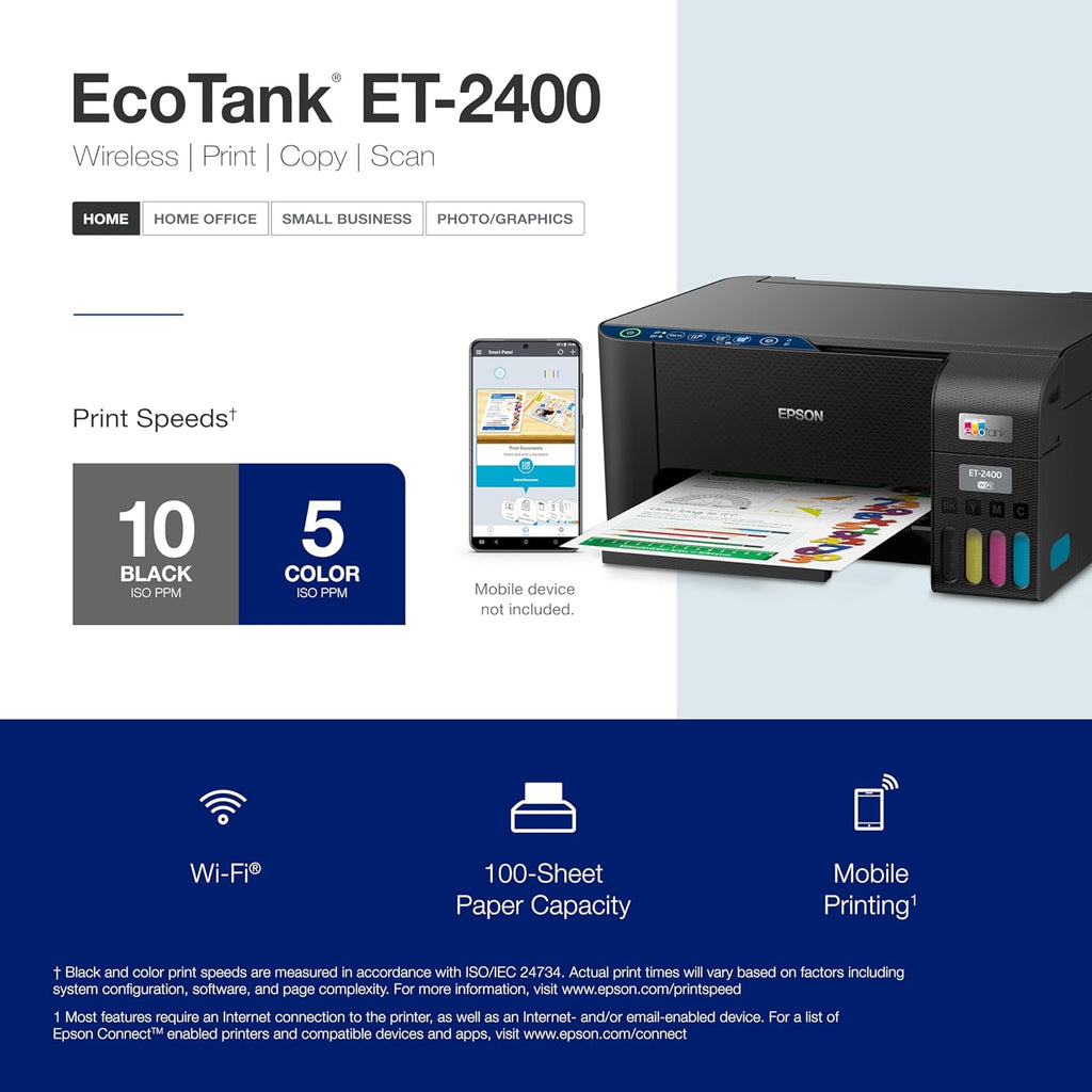 Epson® EcoTank ET-2400 Wireless Inkjet All-In-One Cartridge-Free Supertank Color Printer