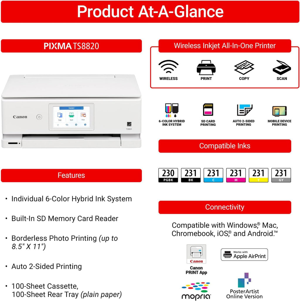 Canon PIXMA TS8820 Wireless All-in-One Inkjet Printer | Print Copy Scan | High-Resolution Photo Color Output for Home Office Creative Projects Everyday Documents + 32GB Card + More (8 Items)