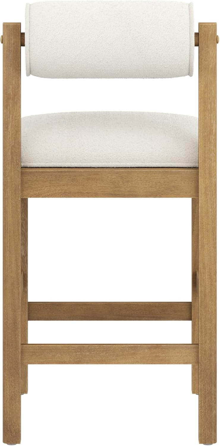 Nathan James Kimberly Modern Counter Stool with Solid Wood Legs, Boucle Upholstered Counter Height Stool with Bolster Back, Cream Boucle/Light Brown Set of 4
