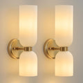 Mid Century Bathroom Wall Sconce - Set of 2 Modern Brushed Gold Brass Sconces - Frosted Milk White Glass Indoor Dimmable Lighting Fixture with Bulb - Double Vanity Lights for Bedroom Living Room Decor