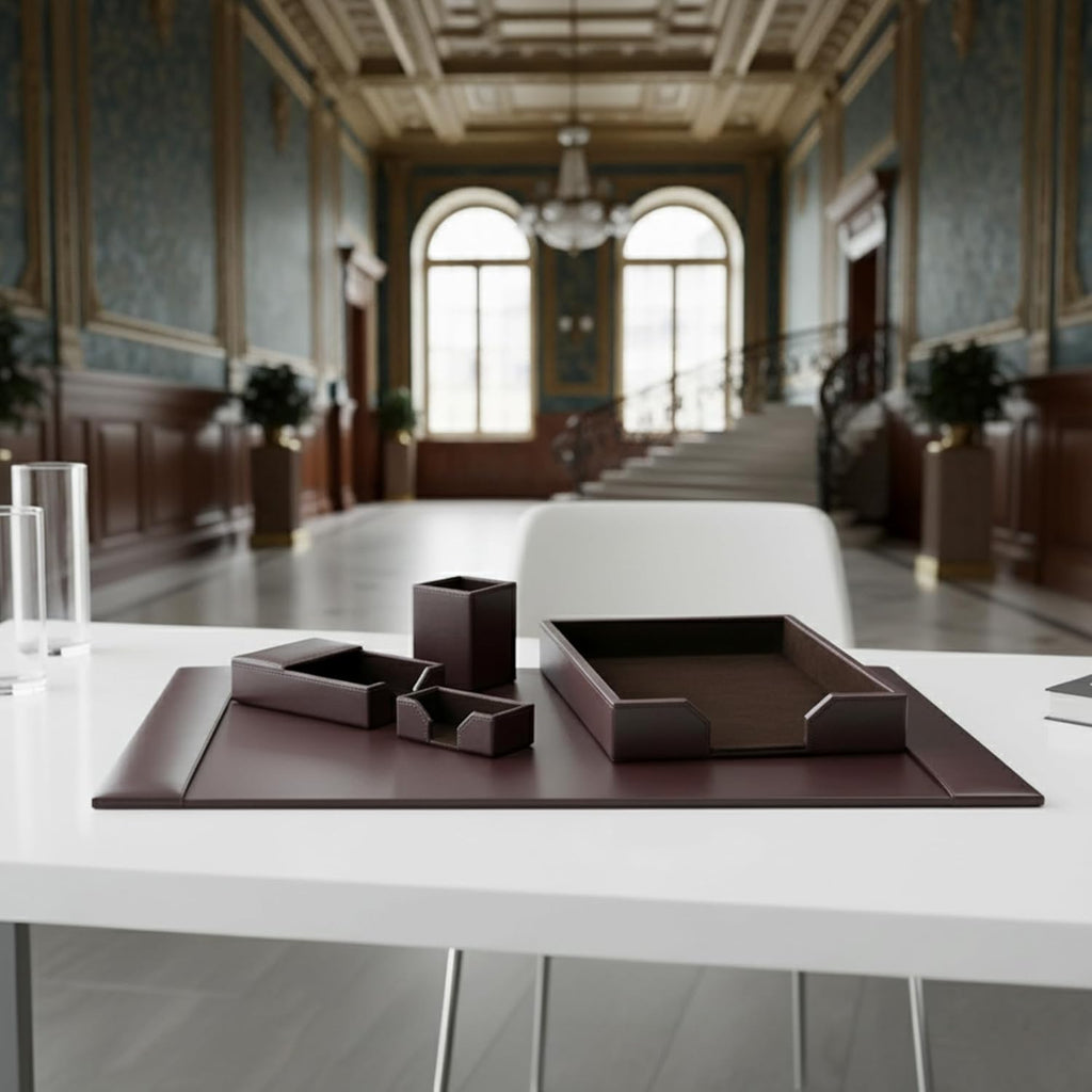 DACASSO Bonded Leather Desk Set - Luxury Leather Desk Pad & Desk Organization Essentials - Office Organization & Executive Desk Decor - (Dark Brown, 5 Piece)