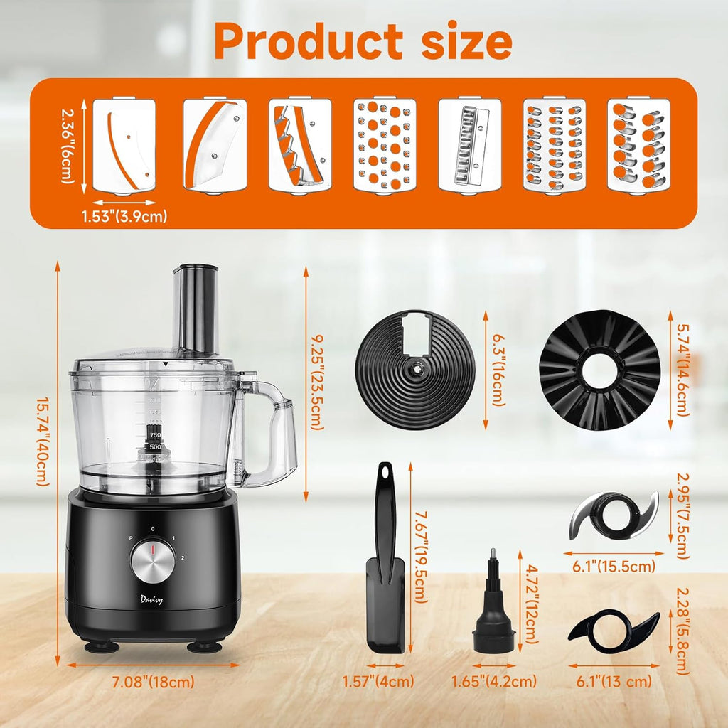 Davivy 7-Cup Food Processor with Built-in Storage Drawer | 600W Motor, 10-Blade Set for French Fries, Wavy Slicing, Dough Kneading | 3-Speed Compact Chopper for Home Kitchen Meal Prep, Black