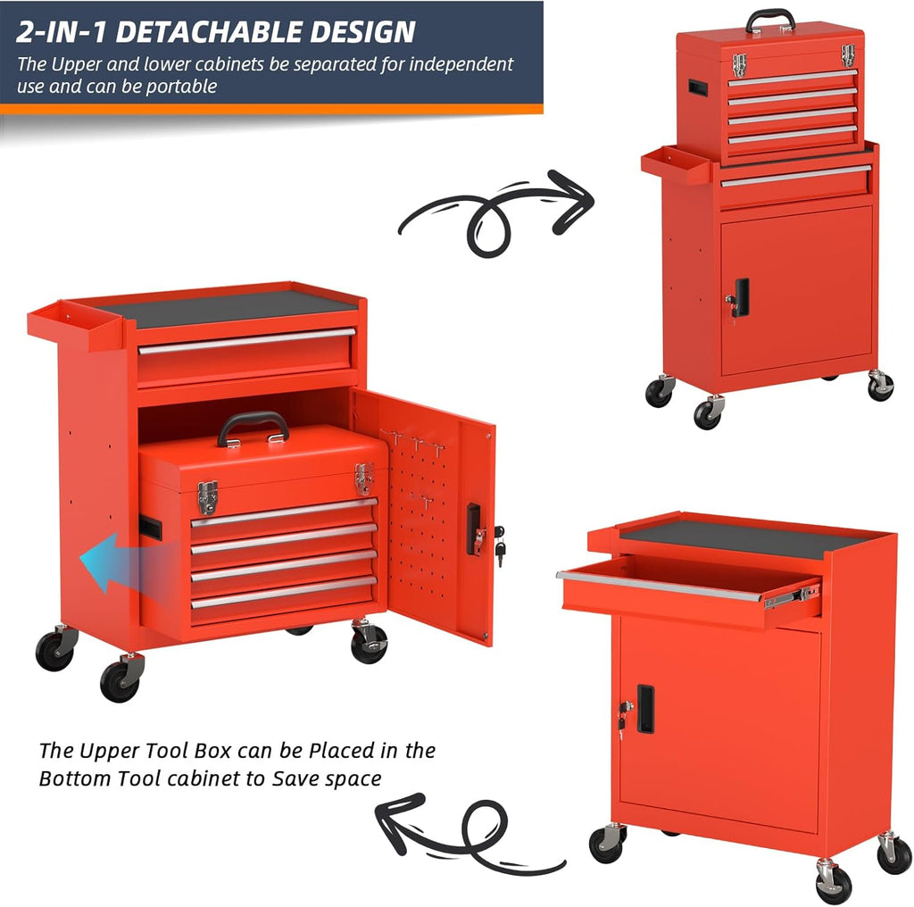 5-Drawer High Capacity Rolling Tool Chest, Removable Cabinet Storage Tool Box with Wheels and Drawers, Detachable Toolbox with Lock for Mechanics Garage Workshop and Tool Room (Red)