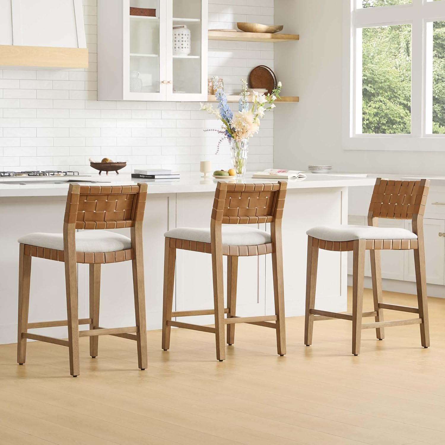 CHITA Woven Bar Stools Set of 3, 26" Counter Height Bar Stools with Backrest, Handwoven Counter Stools with Wood Frame for Kitchen Island & Home Bar, Saddle Brown