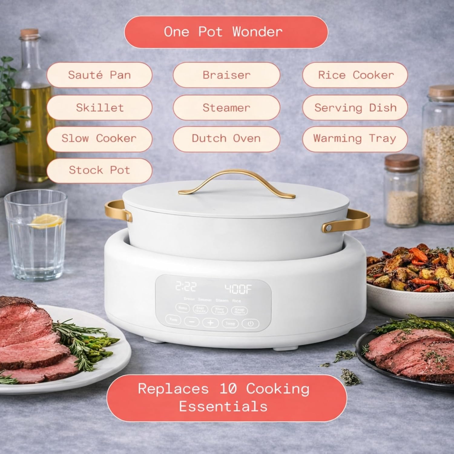 Slow Cook 6 Quart Electric Multi Cooker 10 in 1 with Programmable Touch Display, Slow Cook Sear Steam