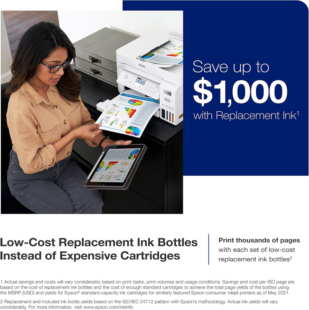 Epson EcoTank ET-3850 Wireless Color All-in-One Cartridge-Free Supertank with Scanner Copier, ADF and Ethernet â€“ The Perfect Printer Home Office,White