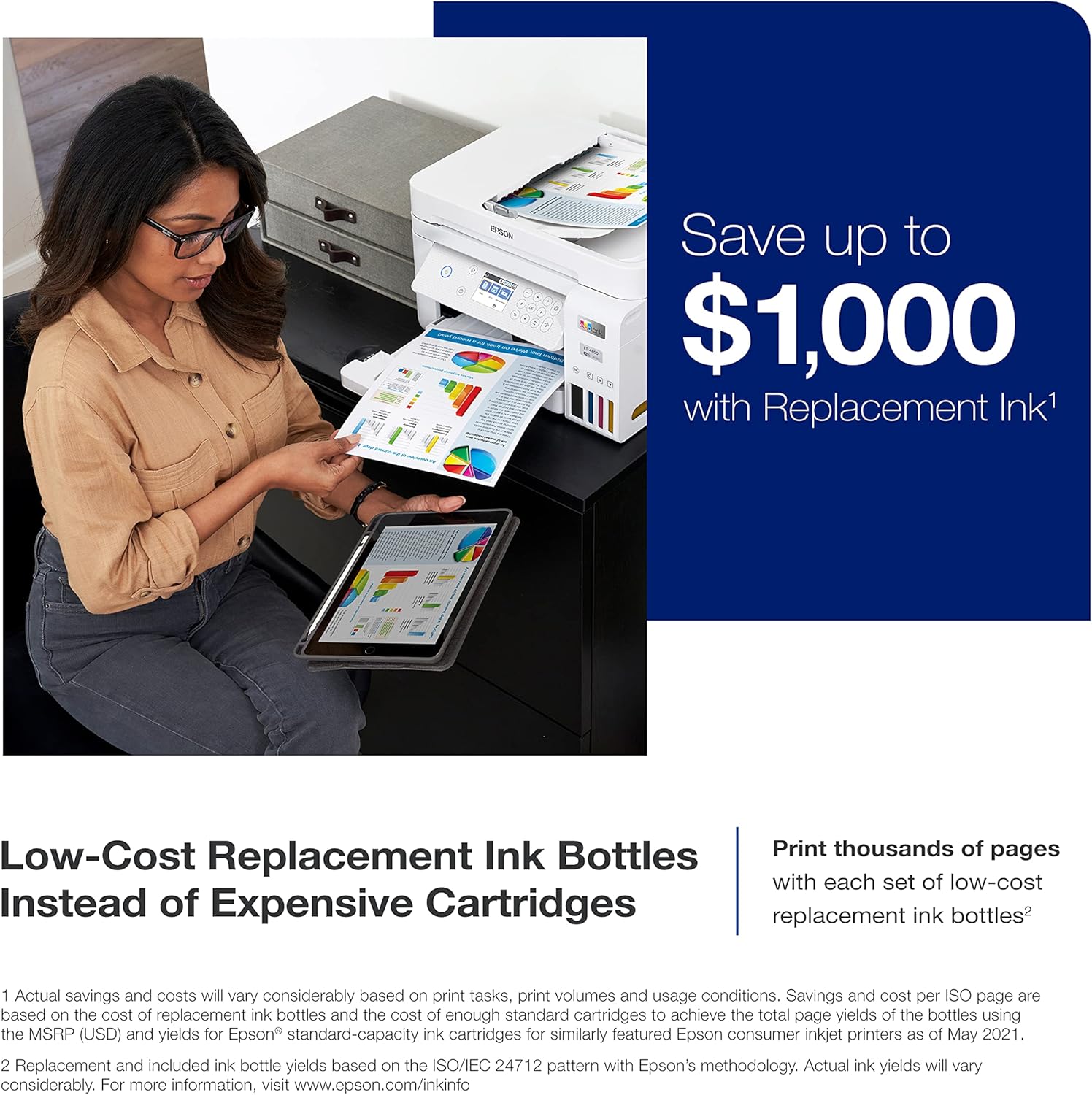 Epson EcoTank ET-3850 Wireless Color All-in-One Cartridge-Free Supertank with Scanner Copier, ADF and Ethernet â€“ The Perfect Printer Home Office,White