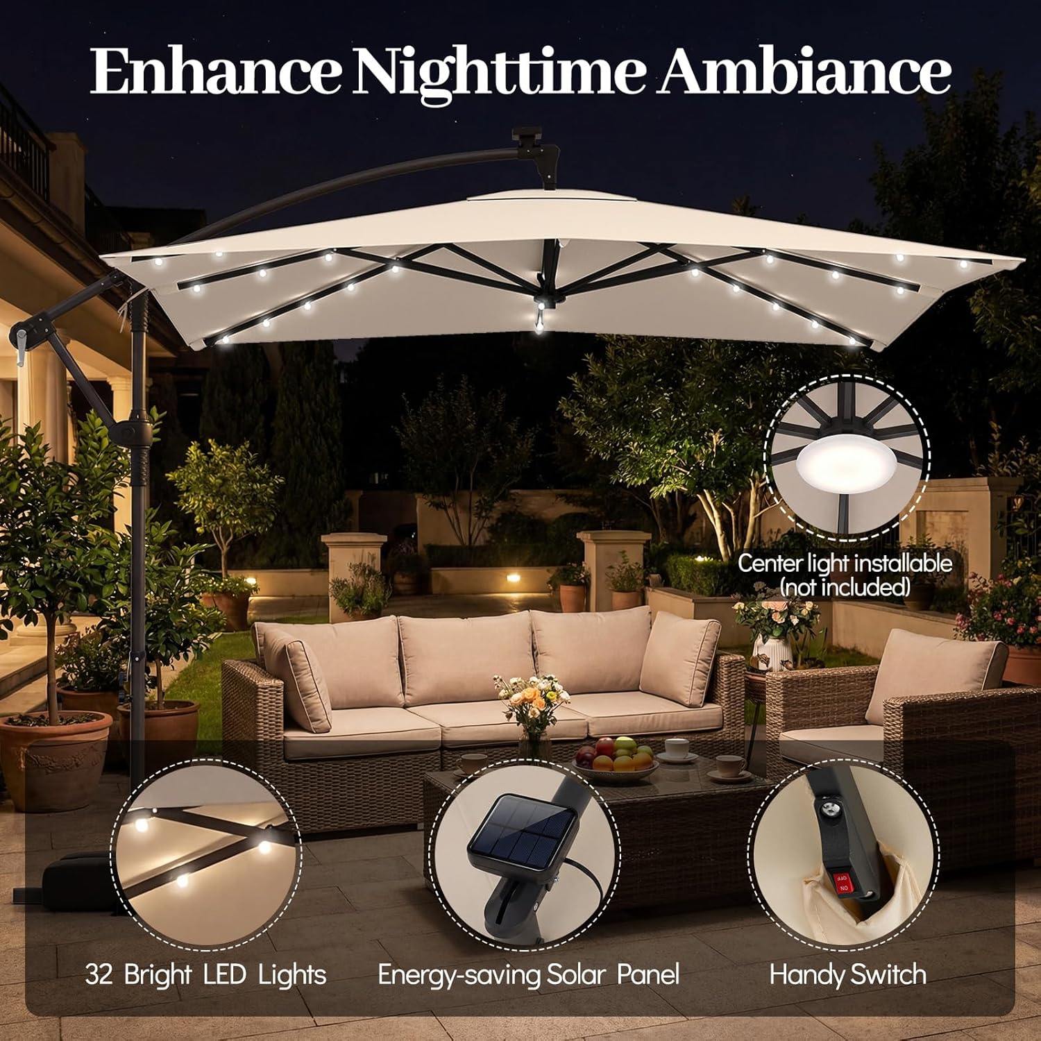 Tangkula 8x8 FT Solar Patio Umbrella with Base Included, Square Offset Cantilever Outdoor Umbrella with 32 LED Lights, 360 Degree Rotation, Crank Handle, 2 Sandbags, 8 Ribs, Air Vent for Pool Deck Garden Backyard