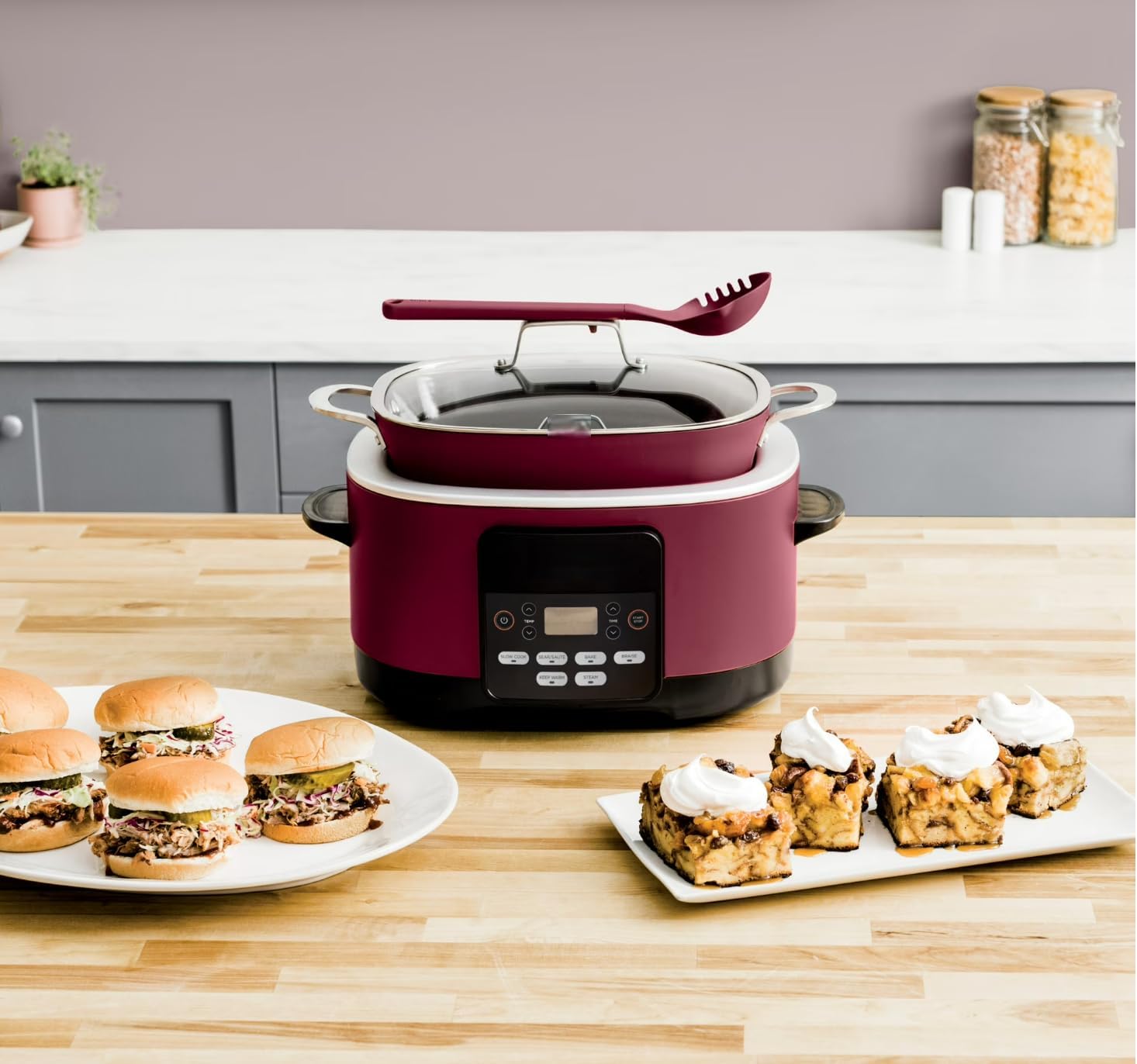 8.5 Quart 10-in-1 Multi Cooker with Slow Cook, Sear, Steam, Bake, Braise and Keep Warm Functions, Triple Heat Cooking, Glass Lid, Integrated Spoon, Digital Cooker Pot
