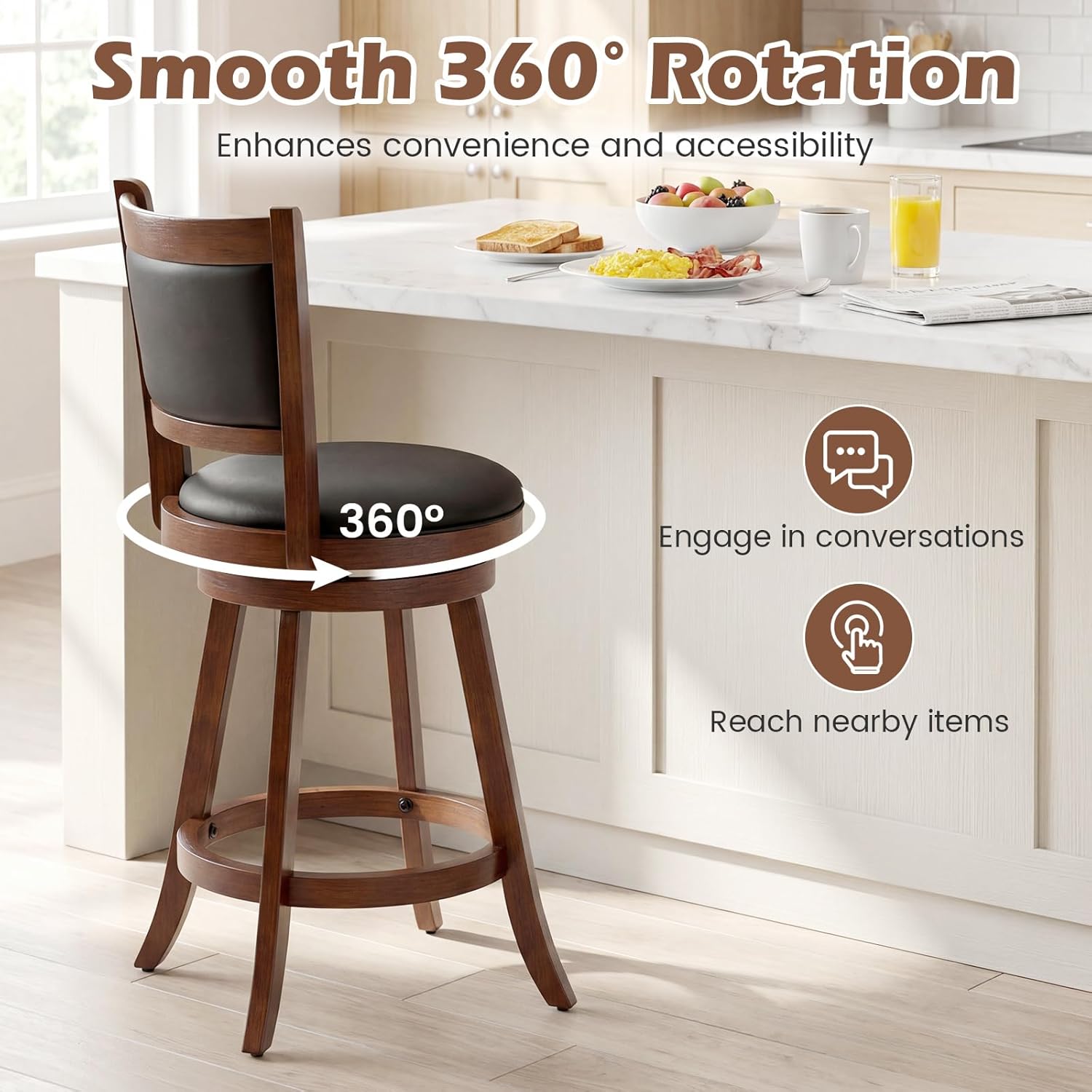COSTWAY Bar Stools Set of 2, 360 Degree Swivel, Accent Wooden Swivel Seat Counter Height Bar Stool, Leather Upholstered Design, PVC Cushioned Seat, Perfect for Dining and Living Room (Height 24")