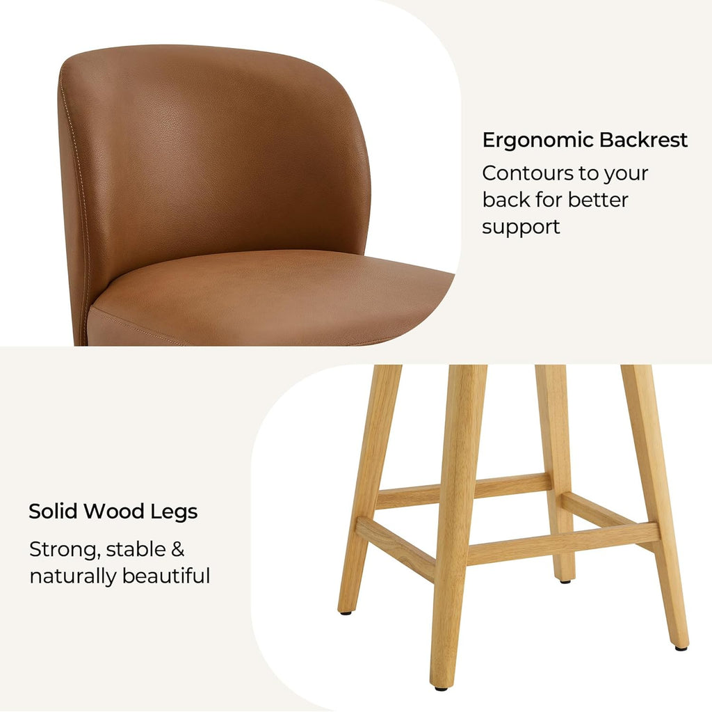 CHITA 26.8" Swivel Counter Height Bar Stools, Modern Upholstered Counter Stools with Back and Wood Legs for Kitchen Island, Home Bar, Set of 2, Saddle Brown Faux Leather