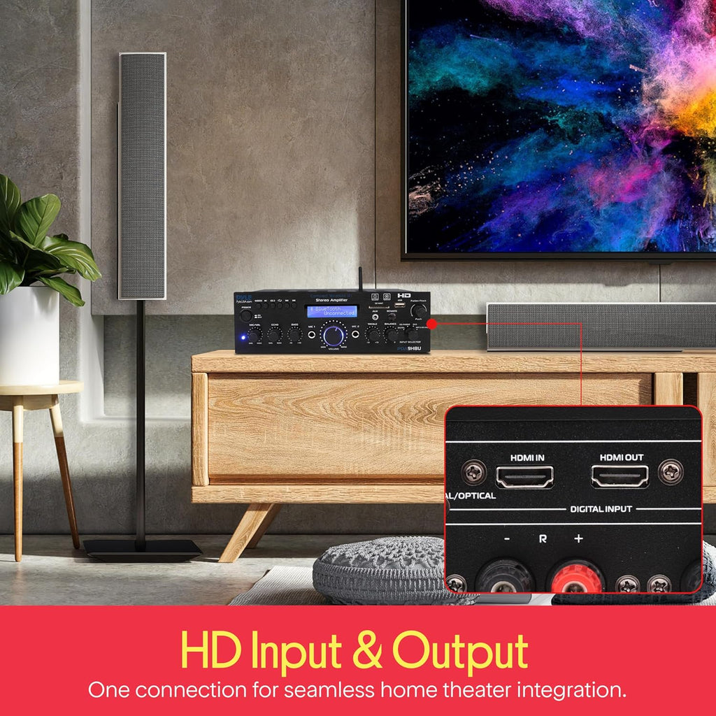 Pyle Wireless Bluetooth Home Stereo Amplifier - Multi-Channel 200 Watt Power Amplifier Home Audio Receiver System w/HDMI, Optical/Phono/Coaxial, FM Radio, USB/SD, AUX, RCA, Mic in - Remote - PDA9HBU