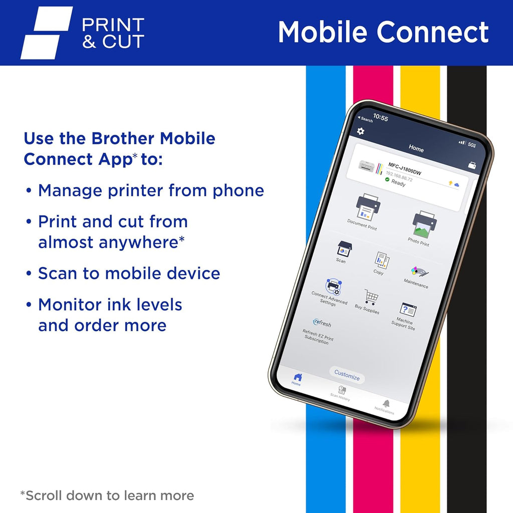 Brother Wireless All-in-One Color Inkjet Printer with Auto Paper Cutter, Scanner, Copier and Fax for Home Office, Print and Cut Machine with Mobile Printing and 150-Sheet Capacity (J1800DW)