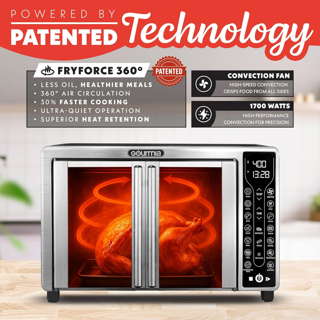 Gourmia French Door Air Fryer Toaster Oven – 6-Slice Capacity, FryForce 360°, Digital Display with 17 Cooking Presets, Stainless Steel