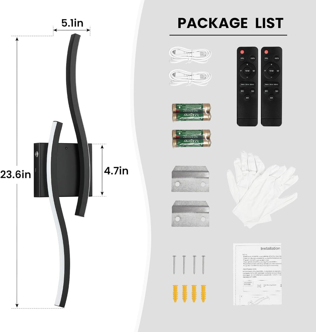 Black Battery Operated Wall Sconces: 23.6 Inch Rechargeable Sconce Lighting Set of 2 with Remote /3 Colors/10-100% Dimming/Timer Modern LED Wall Light for Bedroom Living Room Hallway Bathroom, 2 Pcs