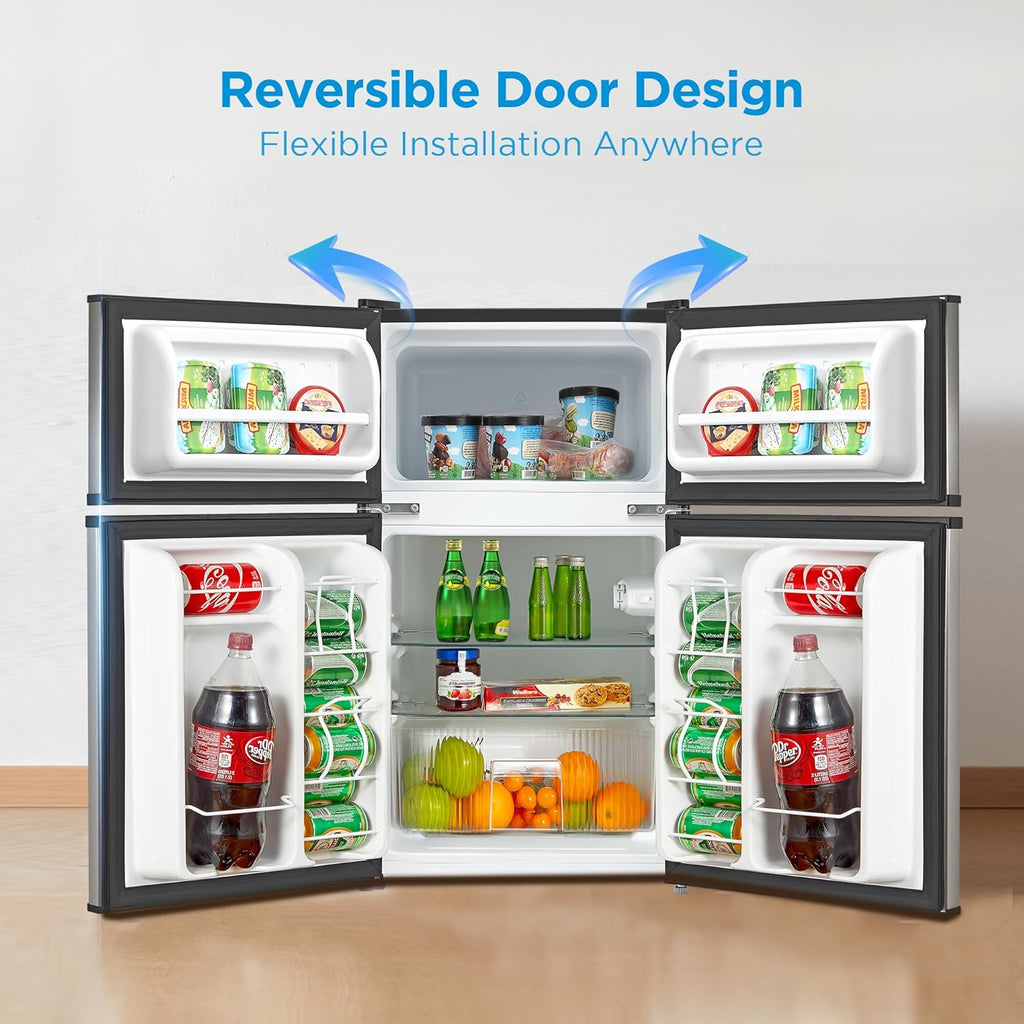 Midea WHD-113FSS1 Double Door Mini Fridge with Freezer for Bedroom Office or Dorm with Adjustable Remove Glass Shelves Compact Refrigerator, 3.1 cu ft, Stainless Steel
