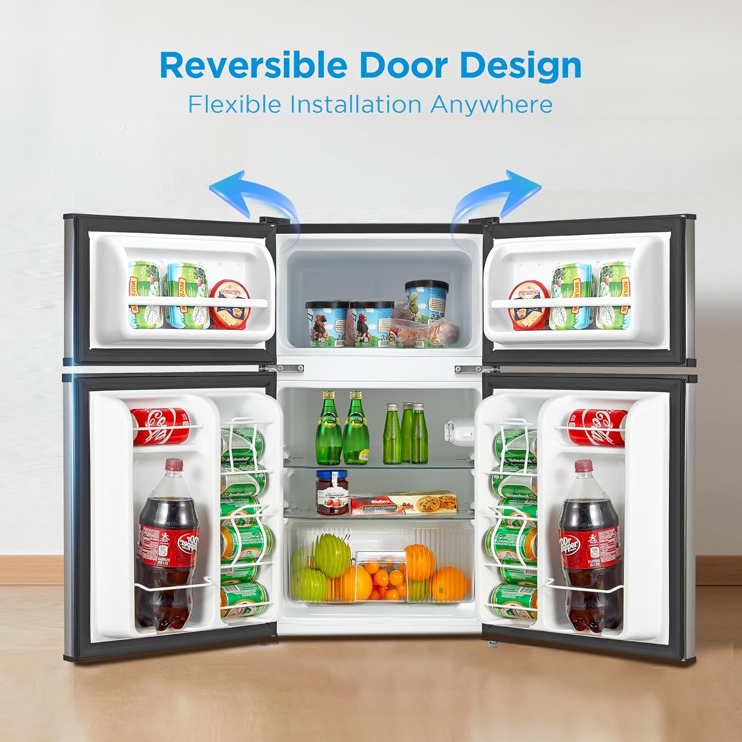 Midea WHD-113FSS1 Double Door Mini Fridge with Freezer for Bedroom Office or Dorm with Adjustable Remove Glass Shelves Compact Refrigerator, 3.1 cu ft, Stainless Steel