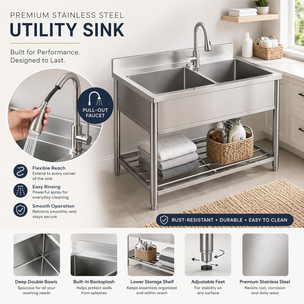 42" x 22" Freestanding Stainless Steel Utility Sink with Pull Down Faucet and Workbench Top, Extra Wide Basin for Laundry Room, Garage, or Workshop