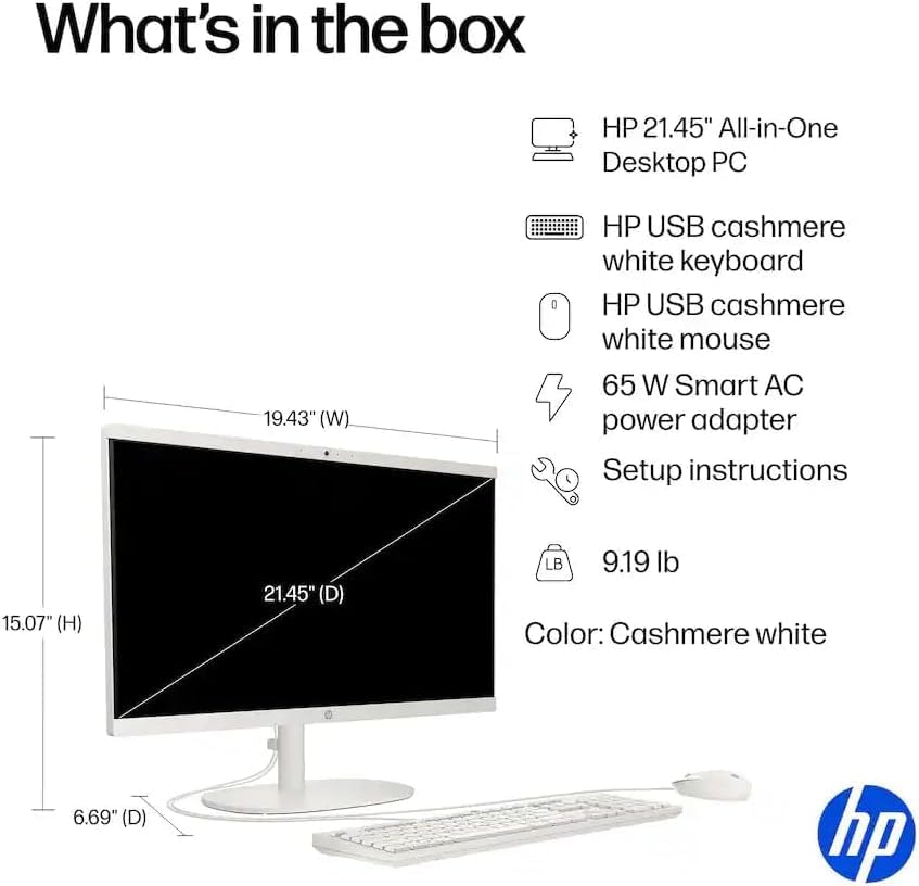 HP 21.5" FHD All-in-One Desktop Computer, Quad-Cores Intel N100, Windows 11 & 8-in-1 Docking Hub, Keyboard & Mouse Included, White (White, 16GB RAM | 640GB Storage)