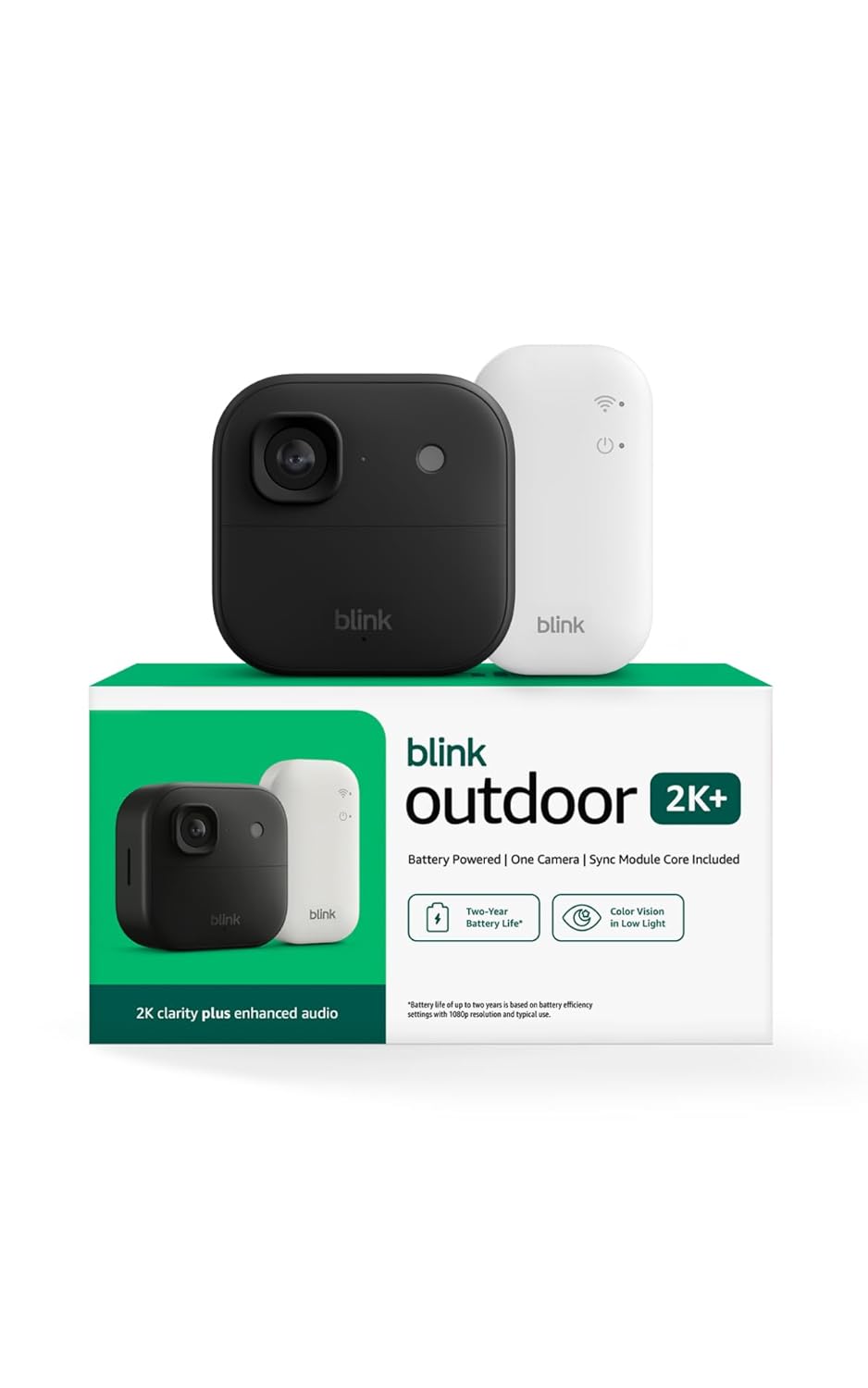 Blink Outdoor 2K+ (newest model) — Wireless smart security camera, 2K video resolution, enhanced audio, two-year battery. Sync Module Core included — 1 camera system (Black)