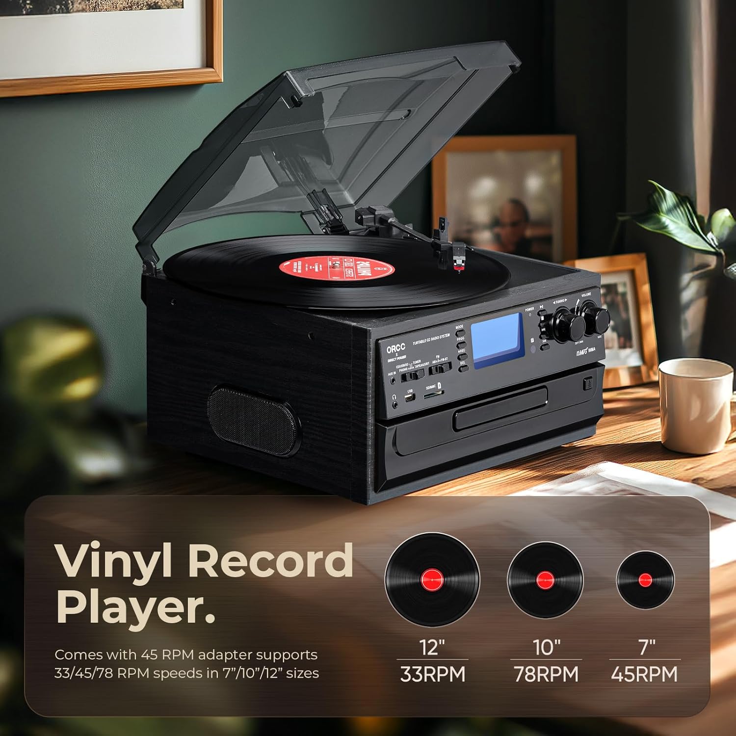 ORCC 10-in-1 Bluetooth Turntable Record Player with Built-in Speaker, Vinyl Turntable CD Cassette and FM/AM Radio Combo, AUX in RCA Out USB MP3 Recording Headphone Jack Compact