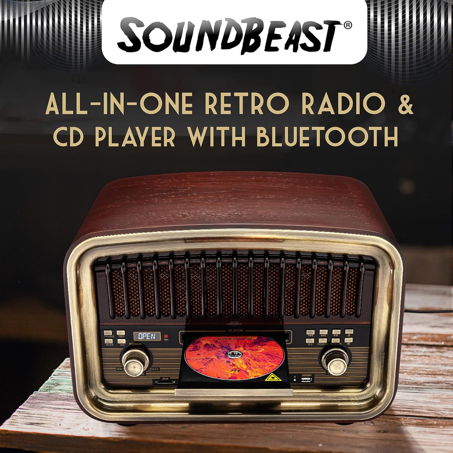 SoundBeast All-in-One AM/FM Radio with CD Player, Bluetooth Input, USB Playback & Recording, SD Card Playback, Aux Input, Built-in Speakers, Handmade Wooden Exterior