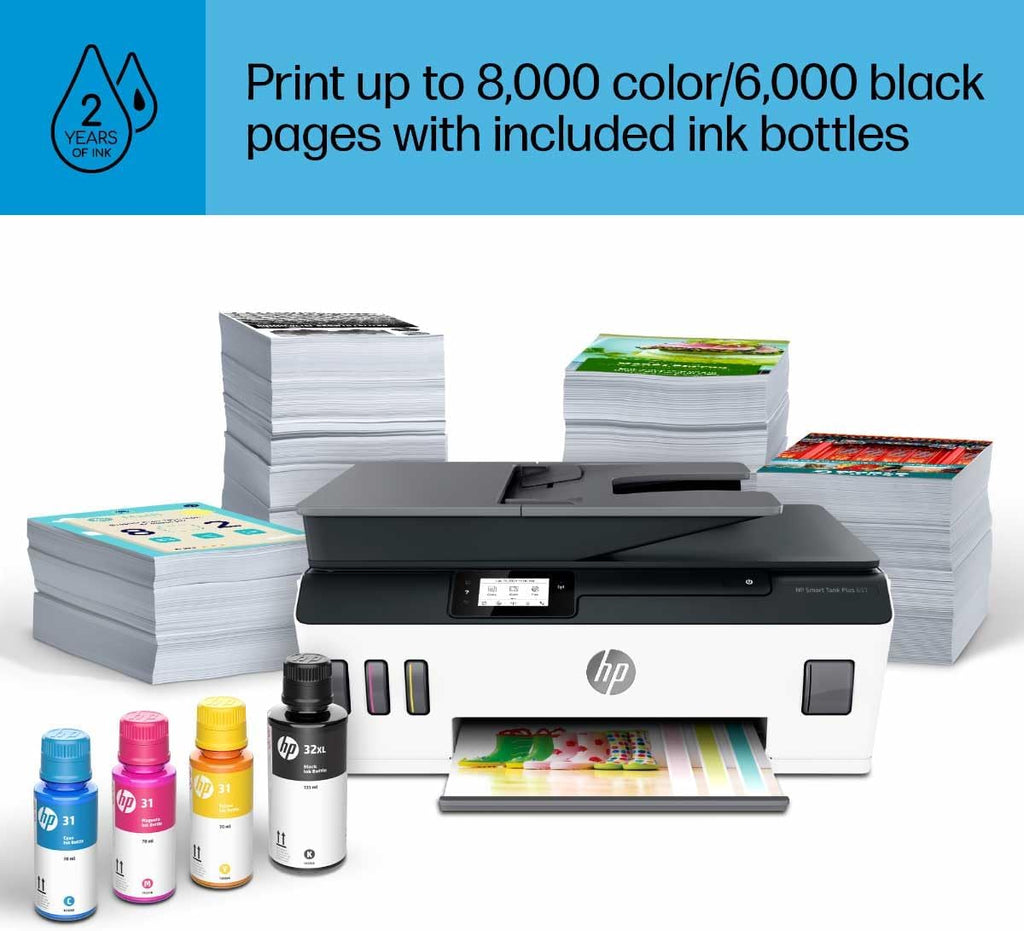 HP Smart Tank Plus 651 Wireless All-in-One Printer, Ink Tank Printer-for-Home Use, 2 Years of Ink Included Auto Document Feeder, Mobile Print, Scan, Copy, Fax, an EcoTank Alternative (7XV38A)