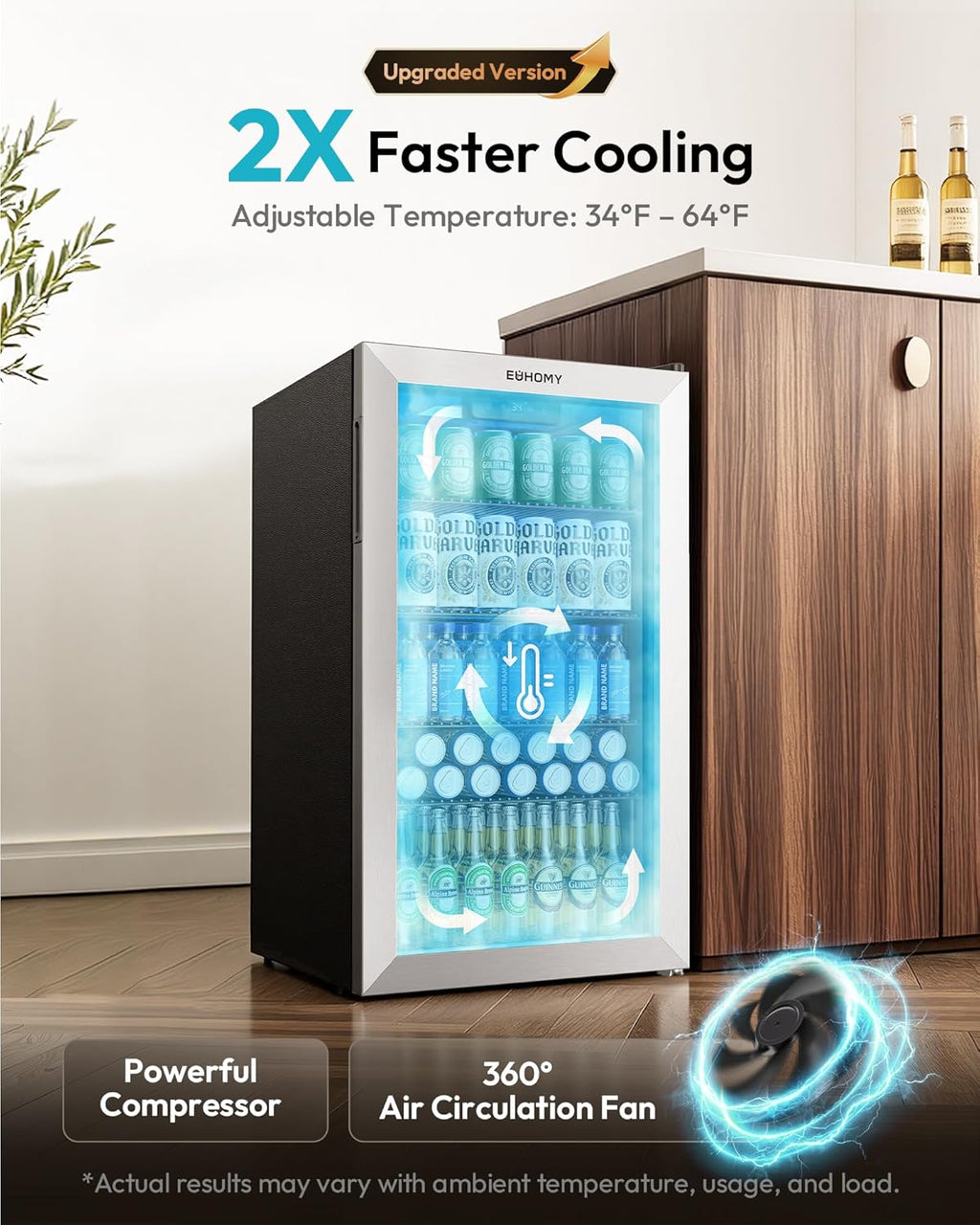 EUHOMY Mini Fridge 130 Can Beverage Refrigerator Cooler Glass Door for Soda Wine Beer, Beverage Cooler for Home, Bar, Office with Digital Temperature Control Adjustable Shelves, 3.2 Cu.Ft, Silver
