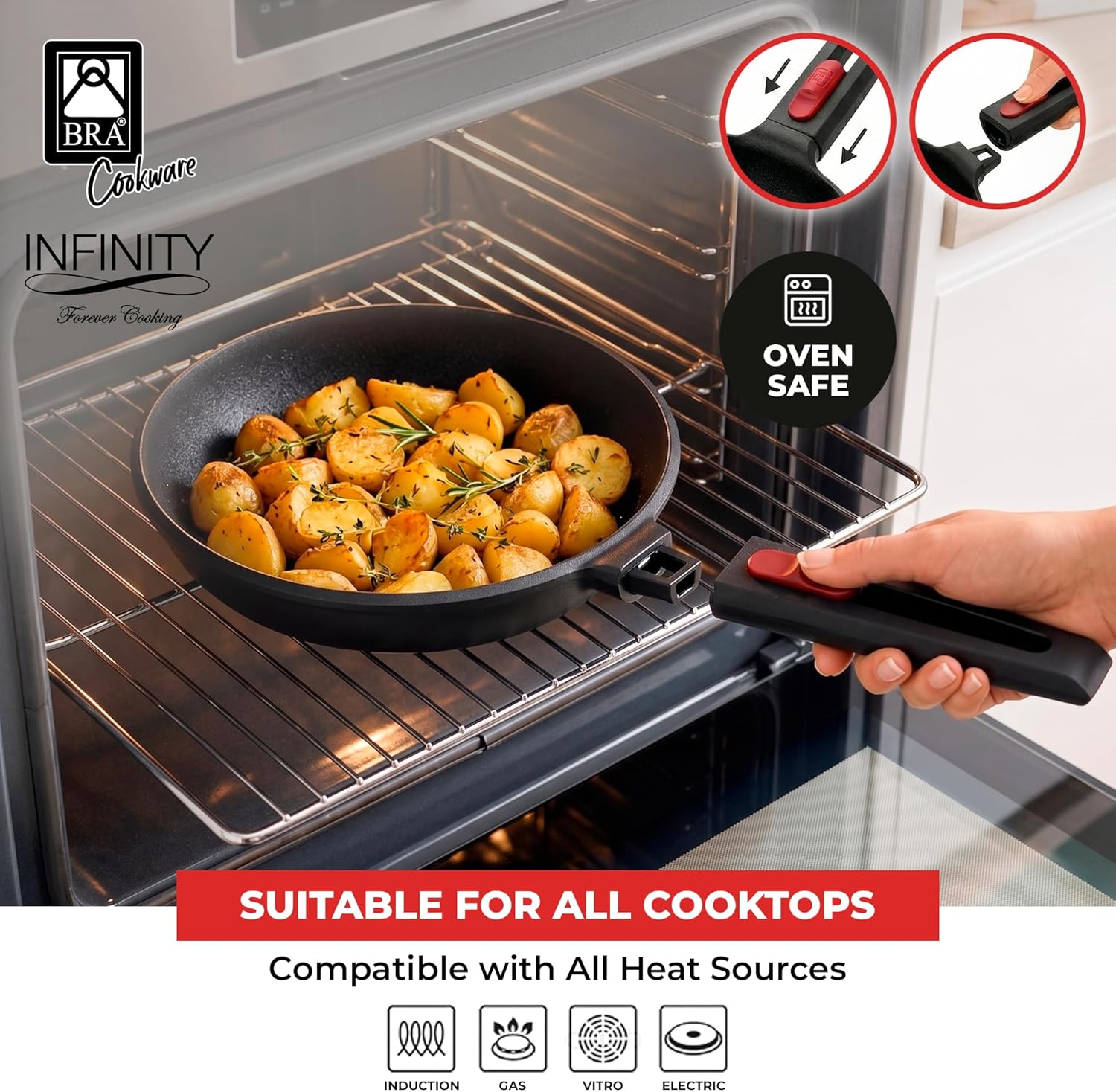 BRA COOKWARE Infinity 3-Piece Nonstick Frying Pan Set | 8, 9.5 & 11 Inch Cast Aluminum Skillet Set | Removable Handle | PFOA/PFAS Free Fry Pans | All Cooktops incl. Induction | Oven Safe Skillets