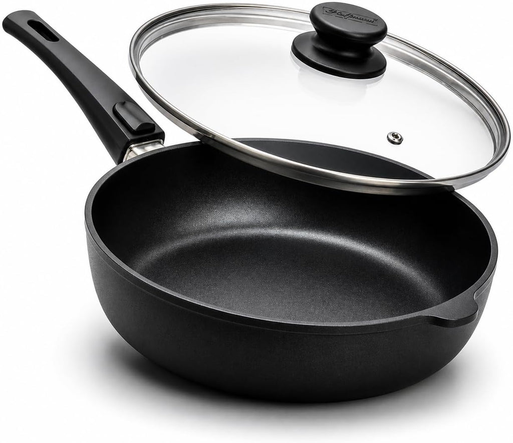 Hoffmann 11" BEST Nonstick Frying Pan with Lid – PFAS-Free, Made in Germany, High-Sided Premium Skillet, Removable Handle, Induction Ready, Heavy Cast Aluminum (StonIQ Series)