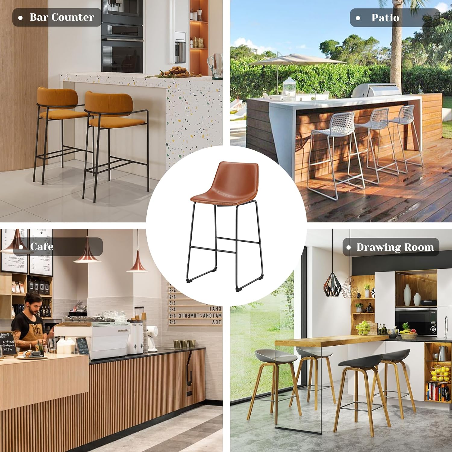 Sweetcrispy Counter Height Bar Stools Set of 2, 30 inch Height Stool Faux Leather Barstools with Back, Armless Kitchen Island Countertop Comfortable Modern Chairs with Metal Legs - Brown