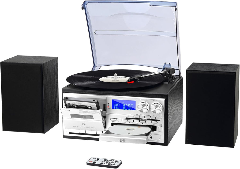 MUSITREND 10 in 1 Record Player with External Speakers, 3 SpeedTurntable with AM/FM Radio, CD & Cassette Player, Bluetooth, USB/SD Playback, Remote Control, Black