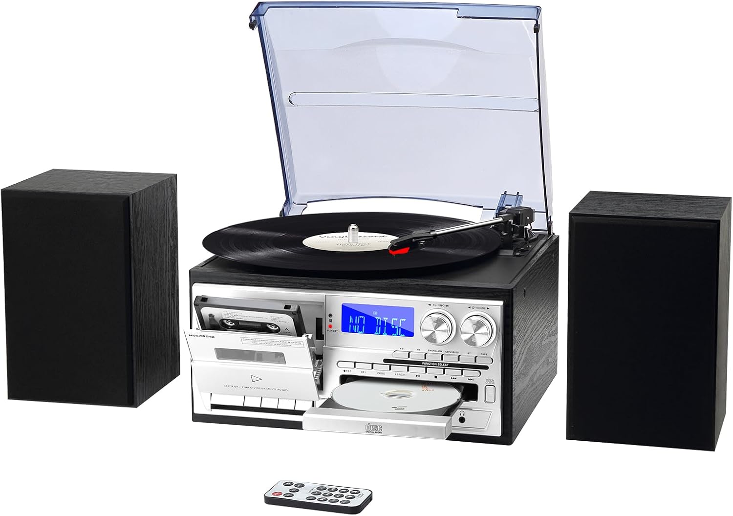 MUSITREND 10 in 1 Record Player with External Speakers, 3 SpeedTurntable with AM/FM Radio, CD & Cassette Player, Bluetooth, USB/SD Playback, Remote Control, Black
