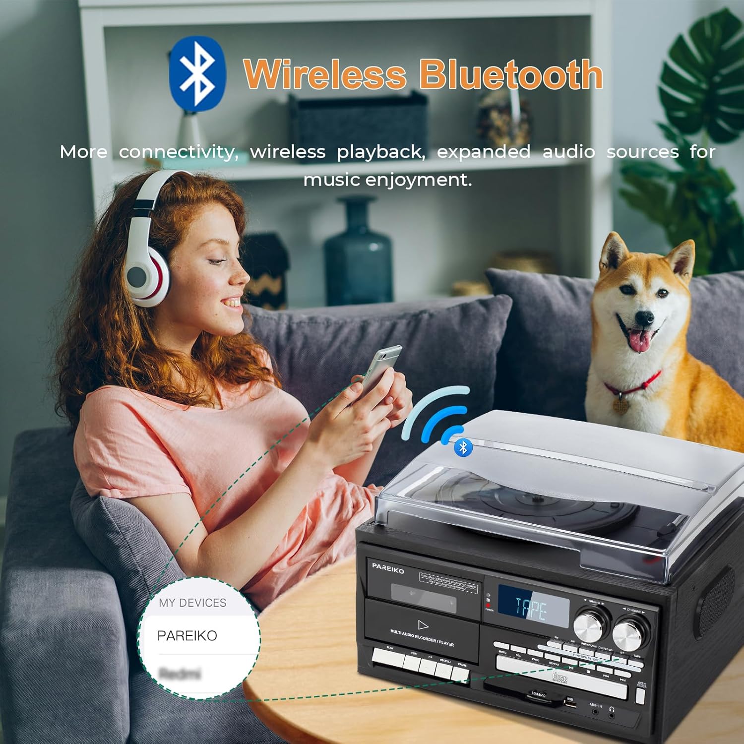 9 in 1 Vintage Bluetooth Record Player with Built-in Stereo Speakers, 3-Speed Turntable, AM/FM Radio, CD & Cassette Player, USB/SD Playback, Remote Control, Aux in, RCA Out & Headphone Jack