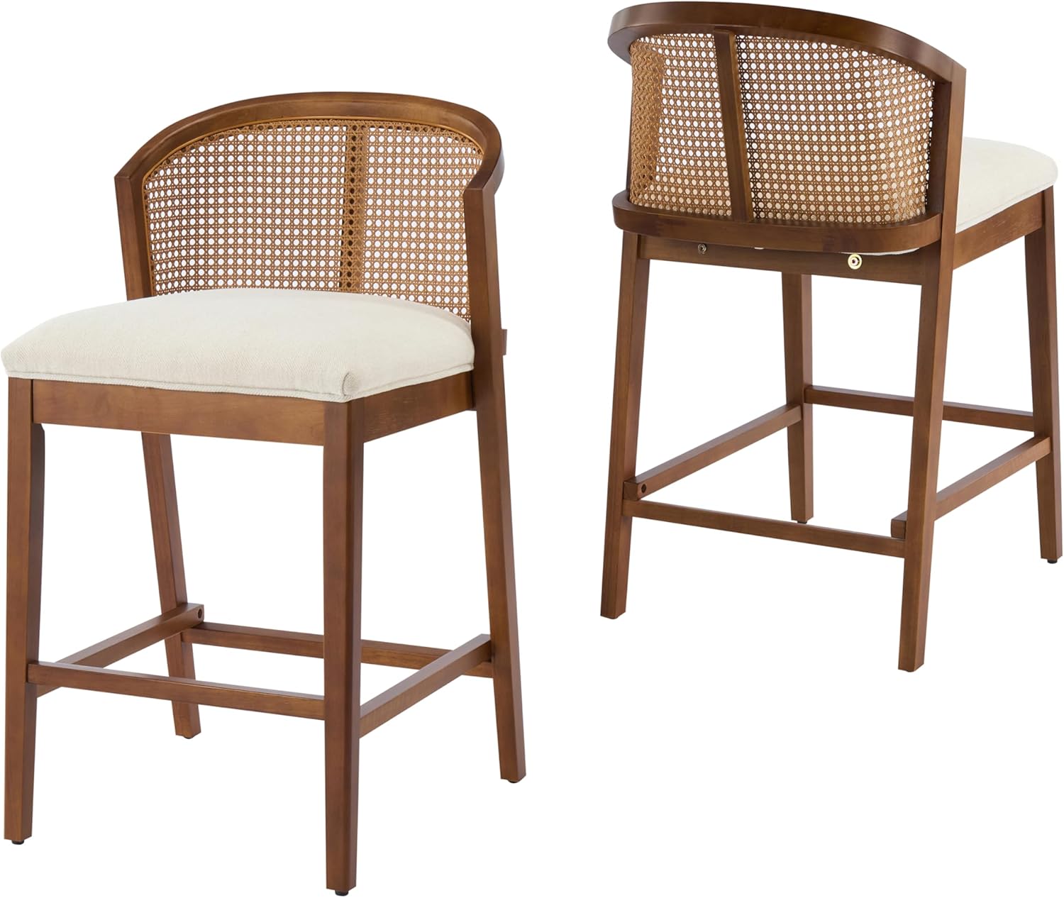 Christopher Knight Home JENA Rattan Counter Stools Set of 2, Counter Height Bar Stools for Bar Table, Rubberwood Frame with Upholstered Barstools, Wood Accent Chair with Footrest, Beige + Walnut