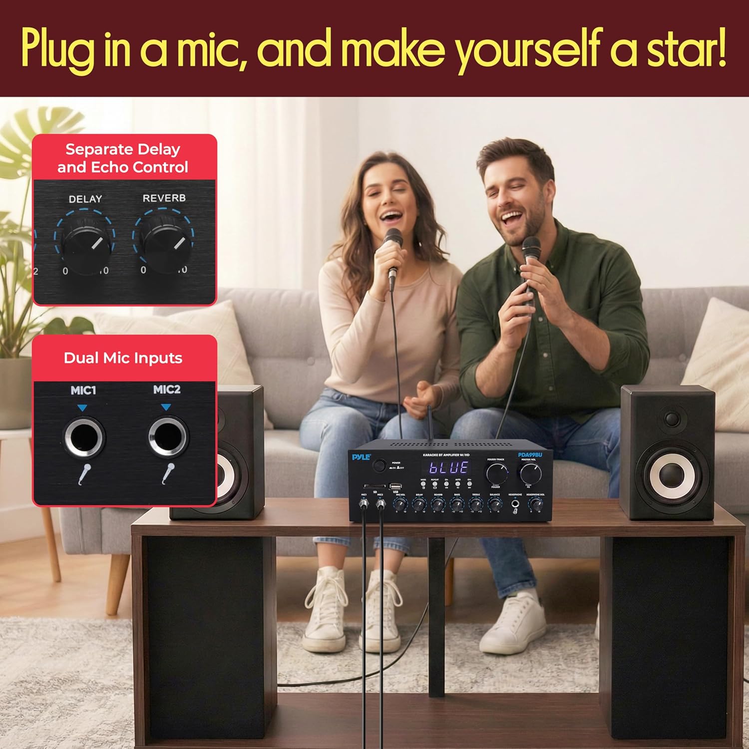 Pyle Wireless Bluetooth Streaming Amplifier - 300W Multi Channel Receiver with Dual Hi Def in/Out, Optical/Coaxial w/ 24 Bit decoding, Aluminum Control Knobs, Headphone Out, USB-A/SD - PDA99BU